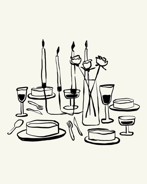 Dinner Table Illustration Art, Dinner Table Drawing, Dining Illustration, Dinner Table Illustration, Dinner Doodle, Dinner Party Illustration, Brunch Illustration, Events Illustration, Dinner Drawing