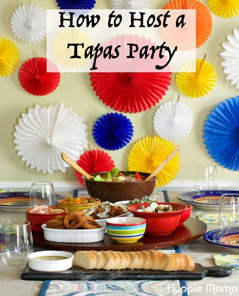 Try some of these quick and easy ideas for how to host a tapas party in your home. Ideas include recipes, decorations, serving dishes, and more! Tapas Party Ideas Decor, Barcelona Theme Party, Spanish Decorations Party, Spanish Dinner Party Table Settings, Paella Party Decorations, Tapas Christmas, Spanish Decorations, Spanish Party Decorations, Spain Theme Party