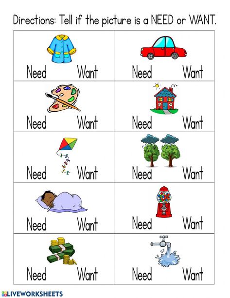 Needs And Wants Worksheet, Needs Vs Wants, Needs And Wants, Education Templates, Educational Worksheets, Worksheet Template, Job Opening, Kindergarten Worksheets, Worksheets For Kids