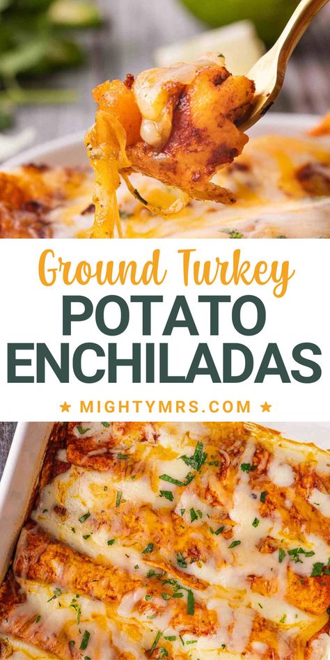 These easy ground turkey potato enchiladas are so simple to make using just 5 main ingredients plus black olives which are optional. Made with lean ground turkey, diced potatoes, flour tortillas, red sauce and a blend of Mexican cheeses. Make ahead for a meal you can pop in the oven when you don't feel like cooking. Turkey Potato, Potato Enchiladas, Turkey Enchiladas, Recipes With Flour Tortillas, Easy Enchiladas, Diced Potatoes, Black Olives, Weeknight Dinner Recipe, Super Easy Recipes