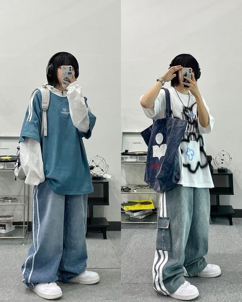 Y2k Blue Outfit, Japanese Fashion Street Tokyo Style, Y2k Baggy Outfits, Baggy Jeans Outfit Aesthetic, Baggy Clothes Aesthetic, Kawaii Ideas, Gender Euphoria, Vintage Jeans Mens, Boyish Outfits