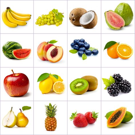 Grid of pictures to memorize - fruits Pictures Of Fruit, Fruits Pictures, Fruits Name With Picture, Fruit Pictures, Fruits And Vegetables Pictures, Game Fruit, Vegetable Pictures, 21 Day Fix Meal Plan, Fruit Names