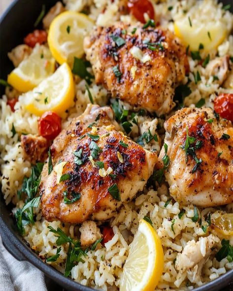 Try this delicious Greek Chicken and Lemon Rice recipe! A healthy, gluten-free, one-pot dinner ready in just 30 minutes Greek Chicken And Lemon Rice One Pot, One Pot Greek Chicken And Rice, One Pot Mediterranean Recipes, Greek Chicken And Lemon Rice, One Pot Mediterranean, Greek Chicken And Rice, Greek Dinner Recipes, Lemon Chicken And Rice, Lemon Rice Recipe