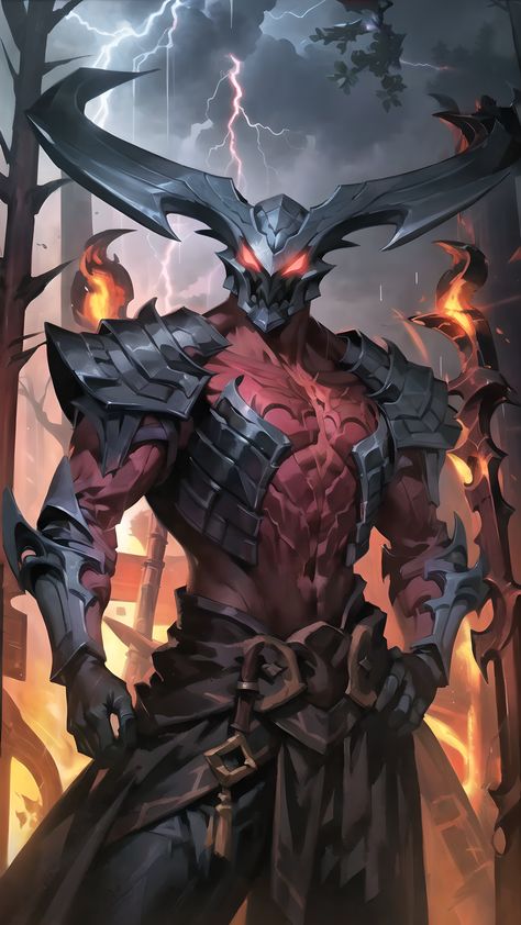 1boy, armor, gloves, glowing, helmet, horns, male focus, red eyes, rhaast, upper body, dark forest, high-res, ((best quality)), ((masterpiece)), night, fire, diffuse lighting,  (((hands on hips))),rain, lightning,