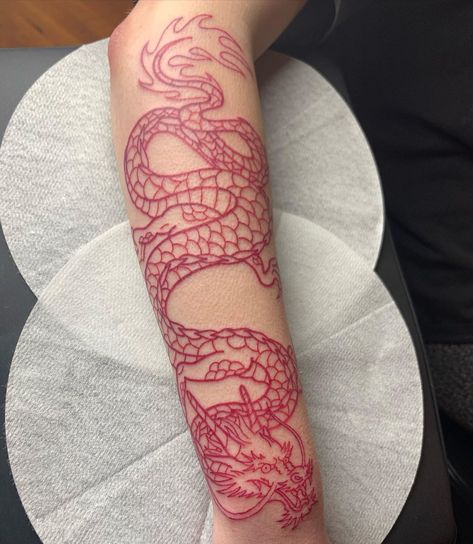 Forearm Tattoo Women Linework, Dragon Tattoo Forearm, Dragon Hand Tattoo, Dragon Tattoo Arm, Red Dragon Tattoo, Around Arm Tattoo, Dragon Tattoo For Women, Minimal Tattoos, Red Tattoo