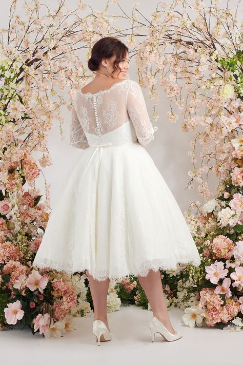 Classicaly Mooshki blush and ivory lace ballerina length wedding dress Tea Length Wedding Dress With Sleeves A Line, Knee Length Wedding Dress Plus Size, Ballerina Length Wedding Dress, 1950s Inspired Wedding Dress, Plus Size Tea Length Wedding Dress, Elopement Dress Plus Size, Short Plus Size Wedding Dresses, Courthouse Wedding Dress Plus Size, 1950 Wedding Dress