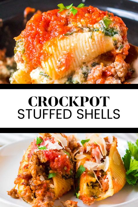 Two image collage of crockpot stuffed shells. First image is a spoon lifting a stuffed shell from the slow cooker. Second image is two stuffed shells on a white plate. Crockpot Stuffed Shells, Sausage And Pasta, Simply Stacie, Jumbo Pasta Shells, Shells Recipe, Cheese Stuffed Shells, Cheese Spinach, Pot Dinners, Pasta Shells