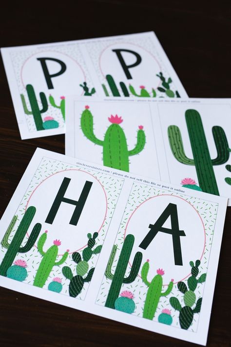 Cactus banner free printable - download and print this cute cactus banner for easy birthday decor! Entire alphabet is included! Cactus Banner, Cactus Party Decor, Cactus Classroom, Cactus Birthday, Cactus Printable, Classroom Banner, Free Printable Banner, Fiesta Birthday Party, Cactus Party