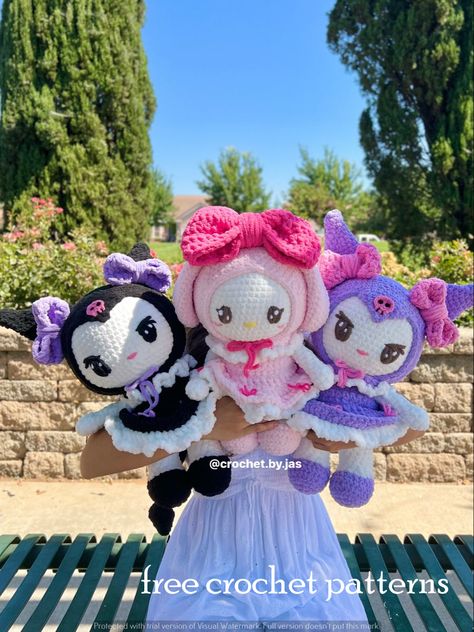 Adorable Crochet Amigurumi Patterns: Free and Easy Ideas Kuromi Crochet Pattern Free, Kuromi Amigurumi, Crochet Kuromi, Pink Amigurumi, My Melody And Kuromi, Melody And Kuromi, Crochet Bolero Pattern, Hello Kitty Crochet, Crochet Doll Tutorial