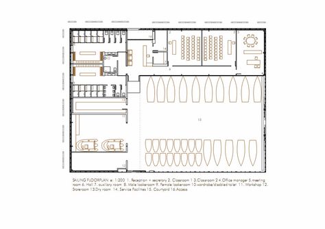 Rowing and Sailing Pavilions,floor plan Club Architecture, Boat Marina, Water Architecture, Architecture Portfolio Layout, Rowing Club, Wooden Facade, Architecture Concept Diagram, Architectural Section, Portfolio Layout