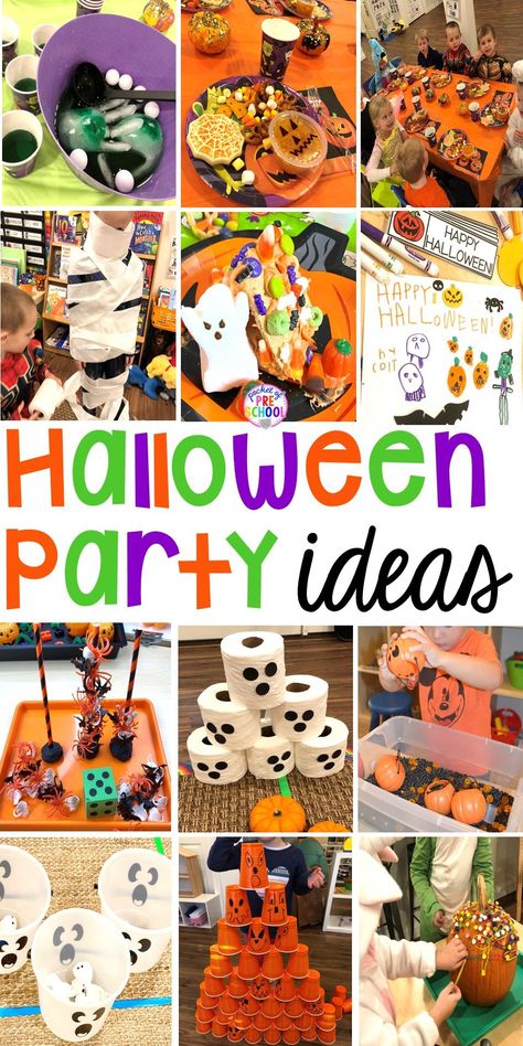 Class Halloween Party Food, Halloween Games For Preschool Party, Halloween For School, Kids Class Halloween Party, Class Mom Halloween Ideas, Kids Classroom Halloween Party Ideas, Fall Parties For Kids, Easy Preschool Halloween Games, Halloween Party Games For Classroom