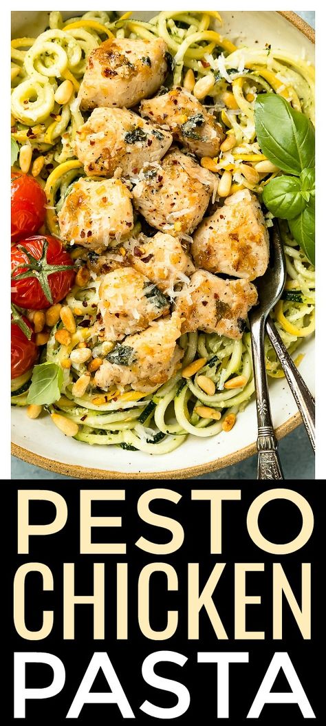 This recipe is healthy, incredibly delicious and can be prepped, ready and on the table in 30 minutes or less! Easy stir-fried basil garlic chicken is served over fresh veggie pasta and tossed in a silky, herbaceous basil pesto sauce. It's a fast dinner that is guaranteed to become a family favorite! #healthy #pesto #chicken #pasta #recipe Basil Pesto Chicken Pasta, Garlic Basil Chicken, Fried Basil, Pesto Zucchini, Ketone Recipes, Pesto Zucchini Noodles, Basil Pesto Chicken, Healthy Pesto, Zucchini Noodle Recipes