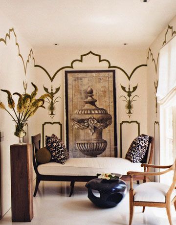 At one end of the office, a Moorish stencil design inspired by a Bergamo fabric surrounds an antique Charles X chaise longue in front of a large painting of a Grecian urn, found at the Paris flea market. - HouseBeautiful.com Indochine Interior, Indochine Style, Indian Interiors, Brown Interior, Antique Interior, Colonial Style, Large Painting, Design Inspo, Interior Inspiration