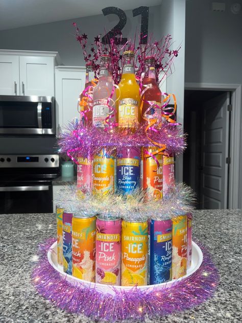 21 Diy Birthday Gift, Beer Bday Cake, 21dt Birthday Cake Ideas, 21 Bday Decorations Ideas, Fun Drinks For 21st Birthday, 30th Destination Birthday, 21 Drinks For 21st Birthday, 21st Bday Decorations Diy, Seltzer Cake Tower