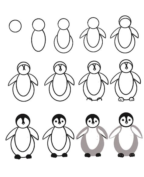 Follow each step to draw a penguin easily Penguin Step By Step Drawing, Drawing A Penguin, Draw Penguin Easy, Penguin Drawing Easy Step By Step, How To Draw A Penguin Step By Step, Penguin Art Project, How To Draw Penguin, Penguin Painting Easy, How To Draw A Penguin