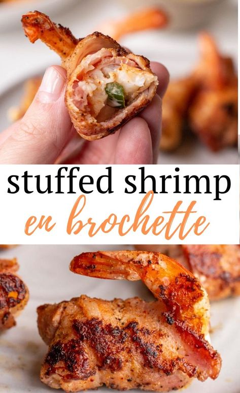 Foods With Cream Cheese, Shrimp Bacon Wrapped, Bacon Wrapped Shrimp Recipes, Jalapeno Shrimp Poppers, Jalapeno Shrimp Recipes, Cream Cheese Stuffed Shrimp, Shrimp Pistolettes Recipe, Shrimp Brochette Recipe, Fried Stuffed Shrimp