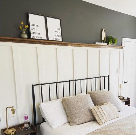 Black Metal Bed Frame Accent Wall, Small Bedroom Board And Batten, Wanes Coating Bedroom Wall, Board And Batten Wall Bedroom Farmhouse, Beadboard Behind Bed, Bedroom Grid Wall, White Panelling Bedroom, Accent Wall Behind Bed With Window, Farmhouse Feature Wall Bedroom