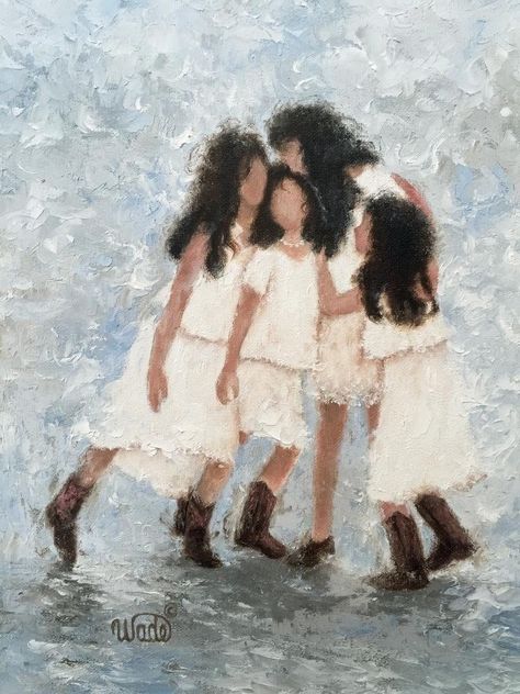 Mother Three Daughters, Sisters Hugging, Sisters Art, Four Sisters, Three Children, Three Daughters, African American Art, White Dresses, Brunette Hair