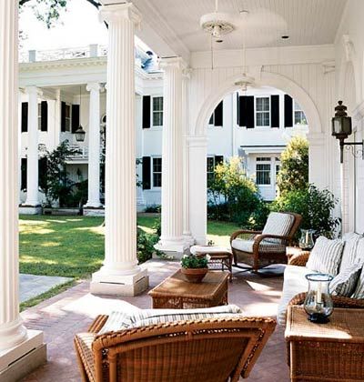 Outdoor seating. Casa Country, Southern Homes, Casa Exterior, Design Exterior, Southern Home, House Goals, Style At Home, Covered Porch, Southern Living