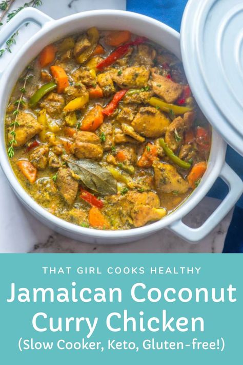 Jamaican Coconut Curry Chicken in a white serving casserole dish on a white marble background. Crock Pot Curry, Curry Chicken Thighs, Homemade Curry Powder, Caribbean Dishes, Chicken Slow Cooker, Jamaican Curry Chicken, Slow Cooker Curry, Jamaican Curry, Homemade Curry