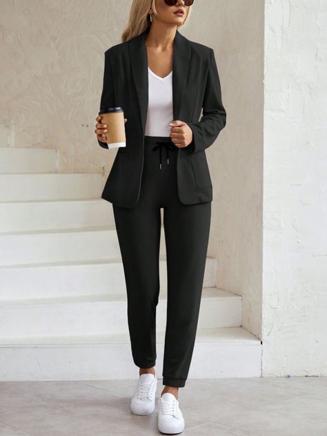 Ladies Granular Texture Suit Set With Turn-Down Collar Cardigan And Elastic Waistband Trousers Black Casual    Plain  Medium Stretch  Women Clothing, size features are:Bust: ,Length: ,Sleeve Length: Women’s Work Clothing, Pharma Sales Rep Outfit, Management Outfits For Women, Hotel Manager Outfit Women, Hr Outfits Women, Athletic Business Casual Women, Sporty Business Casual Women, Professional Women Outfits, Car Sales Woman Attire