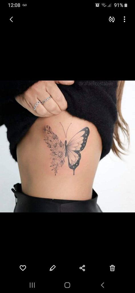 Big Side Tattoos Women, Big Rib Tattoos For Women, Flower Butterfly Tattoo, Side Tat, Side Tattoos Women, Animal Tattoos For Women, Earth Tattoo, Rib Tattoos For Women, Big Butterfly