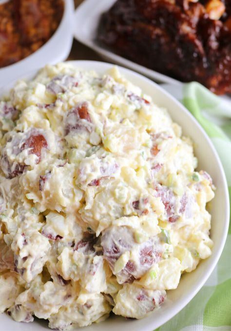 New Red Potato Salad is the Perfect Side Dish - Only In Arkansas Bbq Side Dishes Potato Salad, Red Potato Salad No Egg, Creamy Red Potato Salad, Red Potato Potato Salad, Red Potatoe Salad Recipe, Red Skin Potato Salad With Sour Cream, Best Red Skin Potato Salad Recipe, Best Red Potato Salad Recipe, What To Cook With Red Potatoes