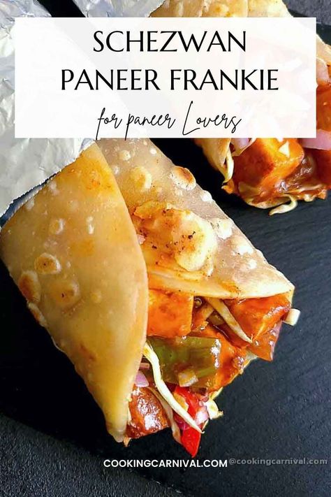 Popular Indian street food, Schezwan Paneer Frankie, or call it Paneer Kathi Roll, are warm, layered parathas filled with spicy paneer, cabbage, onions. Whether you make it for the weekend or a gathering, these are sure to be a hit! #indian #paneerfrankie #paneerwrap #schezwan #frankie #lunchbox #paneerrecipe Panini Vegetarian, Paneer Frankie Recipe, Schezwan Paneer, Paneer Frankie, Veg Frankie Recipe, Paneer Kathi Roll, Kathi Roll, Frankie Recipe, Paneer Dishes