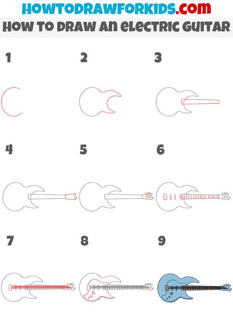 how to draw an electric guitar step by step How To Draw A Guitar Easy, How To Draw Electric Guitar, How To Draw A Guitar Step By Step, Guitar Drawing Step By Step, Stuff To Draw On Yourself, Electric Guitar Sketch, Drawing Lyrics, Electric Guitar Drawing, Easy Stuff To Draw