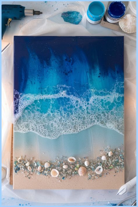 Painting of a beach scene with waves, shells, and stones. Beach Resin Art, Ocean Resin Art, Beach Resin, Layering Techniques, Waves Tutorial, Ocean Resin, Mixing Colors, Water Effect, Crushed Glass