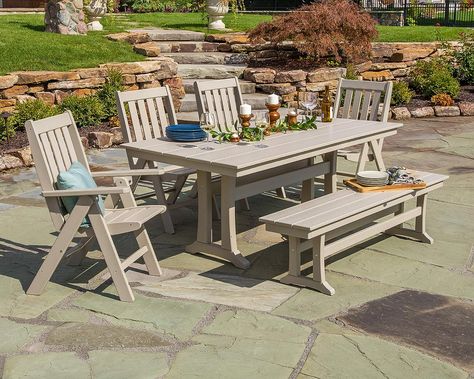 Built to withstand a range of climates including hot sun, snowy winters, and strong coastal winds, Polywood is the perfect furniture to use for vacation rentals. Amazon Affiliate. Polywood Outdoor Furniture, 6 Piece Dining Set, Outdoor Hosting, Farmhouse Dining Set, Trestle Legs, Folding Dining Chairs, Dining Set With Bench, The Vineyard, Farmhouse Dining Table