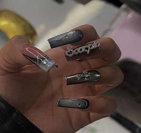 Gray Nails Ombre, Black French Nails Square, Scorpion Nails, Scorpio Nails, Zodiac Nail Designs, Sweet 16 Nails, Bedazzled Nails, Black French Nails, Acrylic Nails Nude