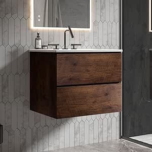 Little Tulip - 24" Bathroom Vanity with Sink, Modern Floating Vanity with Double Soft Closing Drawers, Large Storage for Small Space, Walnut - Iris Collection Modern Floating Vanity, Drawer Safe, 30 Bathroom Vanity, Bathroom Vanity With Sink, Vanity With Sink, Floating Cabinets, Floating Bathroom Vanity, Small Space Storage, Double Sink Vanity