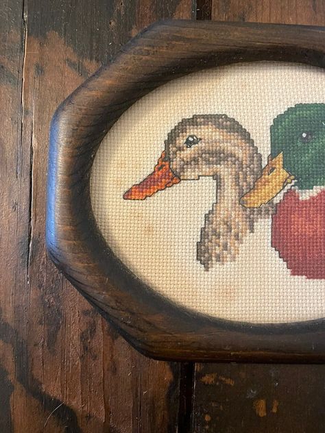 Vintage Finished & Framed Cross Stitch, Mallard Ducks Male Female 6.5” X 5” Wood 3 Duck Christmas, Mallard Ducks, Duck Bird, Carved Wood Frame, Horse And Buggy, Boys Nursery, Framed Cross Stitch, Stitch Pictures, Completed Cross Stitch