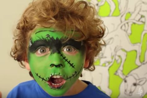 Down with masks! 7 quick, easy face paint tutorials for kids this Halloween Frankenstein Face Paint Easy, Zombie Face Paint Kids Easy, Frankenstein Face Paint, Diy Halloween Face, Easy Face Paint, Zombie Face Paint, Easy Halloween Face Painting, Face Painting Images, Mime Face Paint