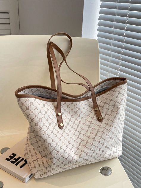 White  Collar  PU Leather Geometric,Plaid Shoulder Tote Bag Embellished   Women Bags Elegant Tote Bag, Purse For Teens, Sac Tote Bag, Luxury Tote Bags, Trendy Business Casual, Trendy Tote Bags, Motif Vintage, Stylish Shoulder Bag, Tote Pattern