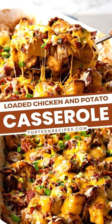 Loaded chicken and potato casserole is the perfect combination of tender and juicy chicken breasts, crispy potatoes, bacon crumbs, cheese, and spices. This chicken potato casserole is so easy to make, it cannot be messed up. Dinner With Potatoes And Chicken, Slow Cooker Loaded Chicken And Potato Casserole, Chicken Potato Hot Sauce Casserole, Loaded Potato Bake Casserole, Crispy Chicken And Potatoes, Smoked Chicken And Potatoes, Chicken New Potatoes, Red Potatoe Dinner Recipes, Loaded Potatoes With Chicken