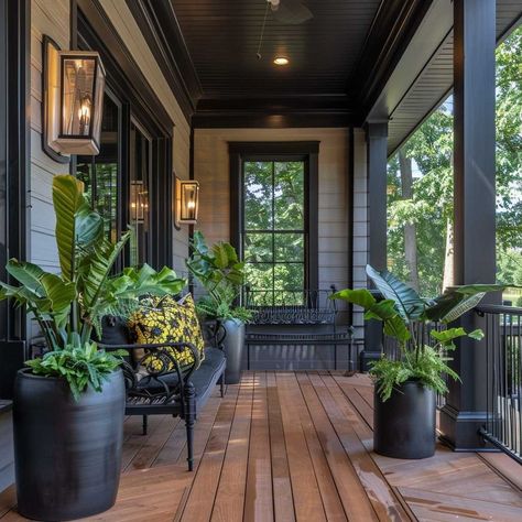 7+ Stylish Black Front Porch Decorating Ideas for a Modern Appeal • 333k+ Inspiring Lifestyle Ideas & Images Front Verandah Ideas Entrance, Black Front Porch Ideas, Black Porch Ideas, Black Painted Porch, Open Front Porch Ideas, Porch Styling Ideas, Black Front Porch, Cozy Front Porch Ideas, Planters For Shade