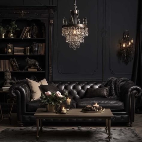 Black Leather Chesterfield Sofa Living Rooms, Moody Living Room Leather Sofa, Black Chesterfield Sofa Living Rooms, Black Couch Ideas, Black Couches Living Room Ideas, Fairytale Interior, Black Couch Living Room Ideas, Arabian Majlis, Black Leather Chesterfield Sofa