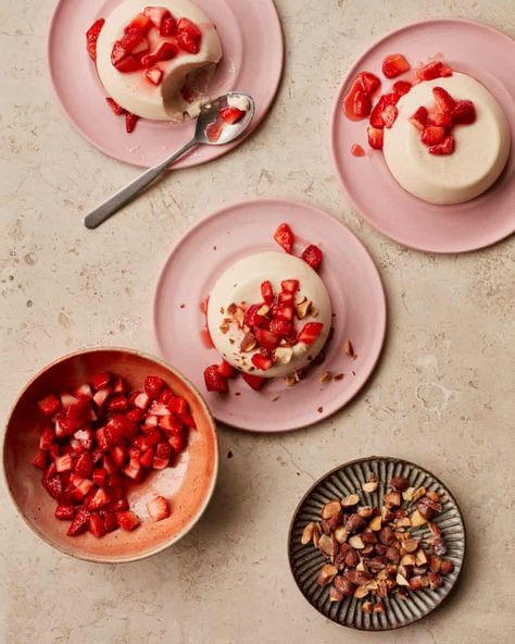 Ravneet Gill’s recipe for almond panna cotta with strawberries | Food | The Guardian Ravneet Gill, Strawberry Panna Cotta, Cold Desserts, Raw Desserts, Roasted Almonds, Dessert Bowls, Strawberry Recipes, Strawberries And Cream, Summer Desserts