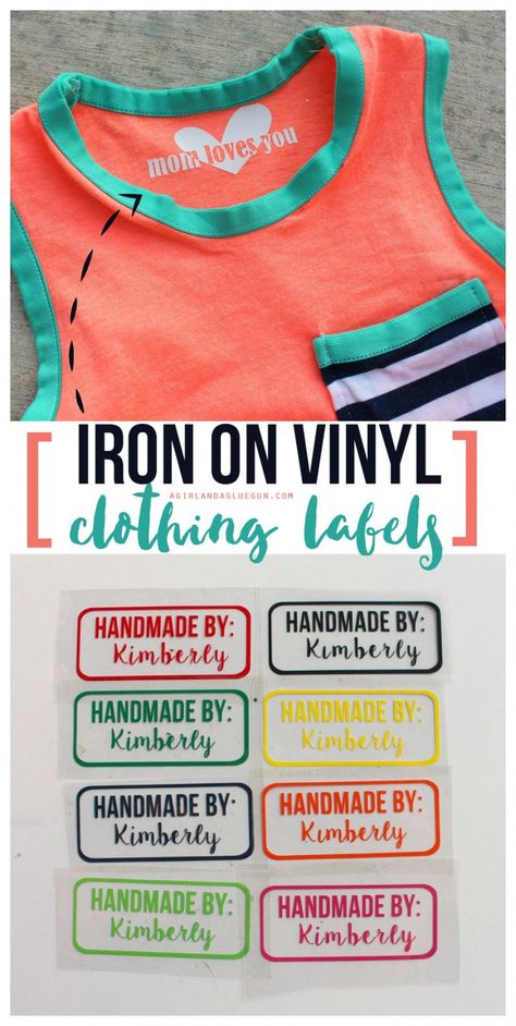 easy clothing labels made with iron on heat transfer vinyl a girl and a glue gun Clothes Labels, Homemade Clothes, Easy Clothing, Expressions Vinyl, Vinyl Clothing, Silhouette Tutorials, Mason Jar Crafts Diy, Fabric Purses, Fabric Labels