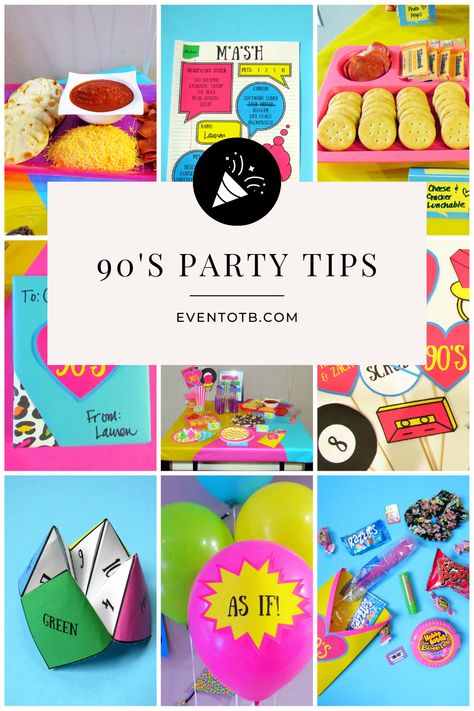 90s Flashback Party, 90s Theme Game Night, 90s Theme Party Ideas For Adults, 90s Party Signs, 90s Theme Party Outfit Pregnant, 90s Theme New Years Eve Party, 1993 Birthday Party Ideas, 90s Foods Party, 90s Party Gift Bags