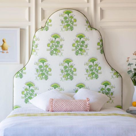 Apolstered Headboard, Oversized Headboard, Crown Silhouette, Fresh Bedroom, Kit Kemp, Beautiful Bed, Beds And Headboards, Upholstered Panels, Green Home Decor