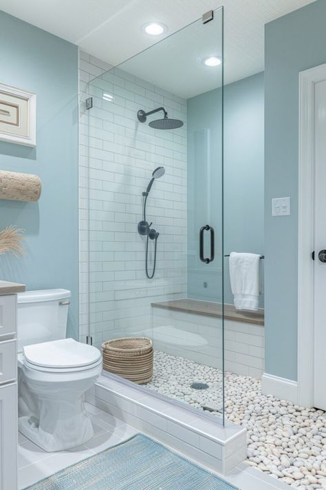 13 Light Blue Bathroom Interior Ideas For Your Inspiration! - My Decor Inspo Cozy Vanity, Blue Shower Tile Ideas, Small Coastal Bathroom, Blue Small Bathrooms, Bathroom Interior Ideas, Glass Bathroom Wall, Blue Kitchen Interior, Bathroom Tile Design Ideas, Bathroom Dream