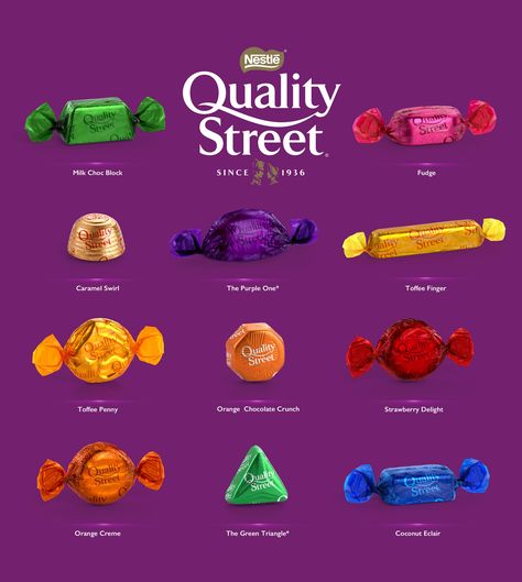 3D Quality Street Chocolates & Toffees - Packaging on Behance Quality Street Chocolates, Quality Streets Chocolates, Toffee Recipe, Strawberry Delight, Chocolate Crunch, Caramel Brownies, Chocolate Toffee, Chocolate Design, Chocolate Brands