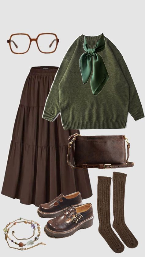 #hobbitcore #hobbit #cottagecore #outfit #greenaesthetic #brown Earthy Academia Outfits, Botany Aesthetic Outfit, Casual Hobbit Outfit, Hobbit Cottagecore, Hobbit Aesthetic Clothes, Hobbitcore Outfits, Green Brown Outfit, Hobbit Outfit, Art School Outfit