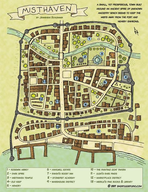 Town Map of Misthaven — Short Leg Studio Minecraft Medieval Village, Weird Town, Town Drawing, Minecraft Kingdom, Fantasy City Map, Fantasy Map Making, Map Ideas, Village Map, Adventure Ideas