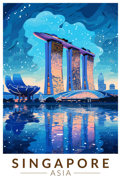 Vintage-style poster showcasing the iconic Marina Bay Sands in the Singapore skyline, perfect for adding city charm to your decor Vintage Singapore Poster, Country Poster Design, Travelling Painting, Singapore Illustration, Singapore Wallpaper, Singapore Painting, Singapore Landscape, Singapore Poster, Cities Poster