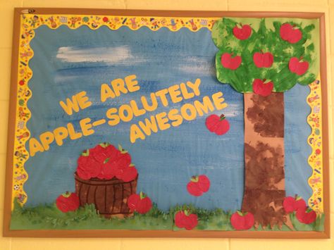 Apple tree bulletin board Bulletin Board Apple Ideas, Orchard Bulletin Board, Apple Tree Bulletin Board Preschool, Apple Tree Door Decorations Classroom, Apple Sayings For Bulletin Boards, Apple Bulliten Board, September Toddler Bulletin Boards, Apple Tree Bulletin Board Ideas, Johnny Appleseed Bulletin Board Ideas