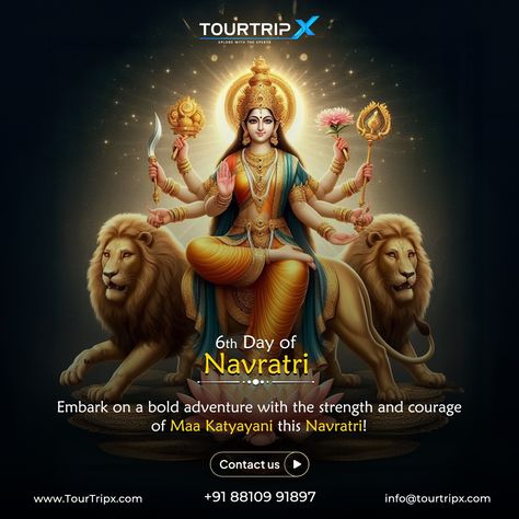 ✨ On the 6th day of Navratri, we celebrate the power of Maa Katyayani the warrior goddess who brings strength and courage to overcome all obstacles. 💪🌼 Let this festive season inspire your travels and adventures! Whether it’s a spiritual journey or a getaway with loved ones, let us help you create unforgettable memories. 🌍✨ . . . . . #navratri #maakatyayani #tourtripx #travelwithus #festivevibes💫 {navratri, maakatyayani, tourtripx, travelwithus, festivevibes} 4th Day Of Navratri, 6th Day Of Navratri, Warrior Goddess, Divine Energy, Goddess Energy, The Warrior, Unforgettable Memories, Under The Lights, The Festival